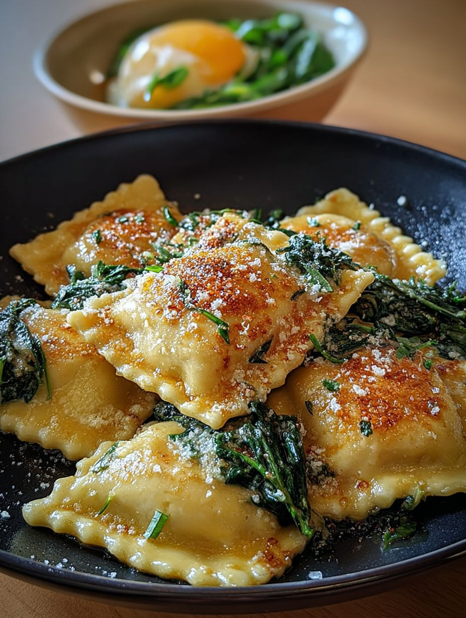 Gros plan sur des raviolis poêlés au beurre noisette et herbes fraîches.
