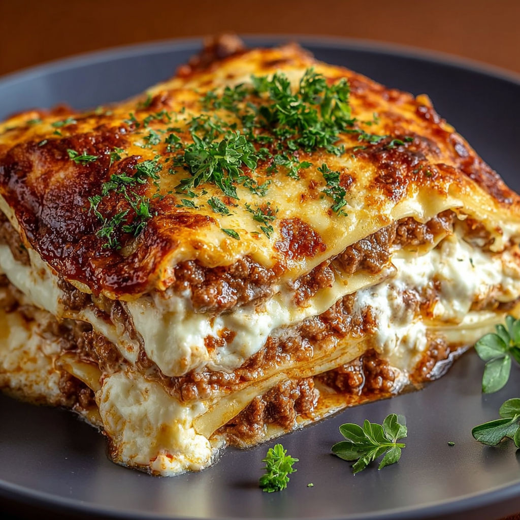 Plat de lasagnes au bœuf généreusement gratinées.