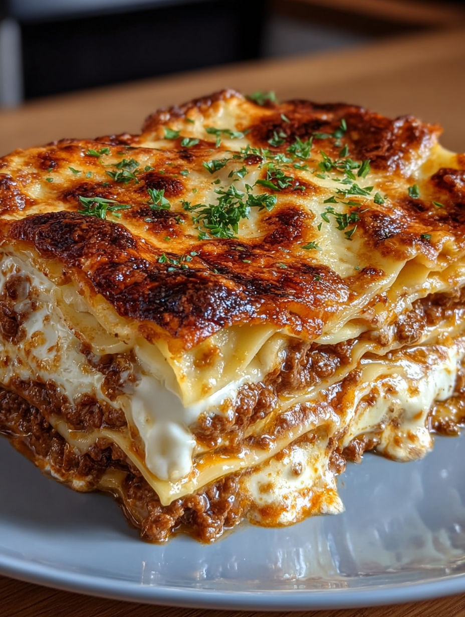 Gros plan sur la couche de fromage gratiné et le bœuf des lasagnes.