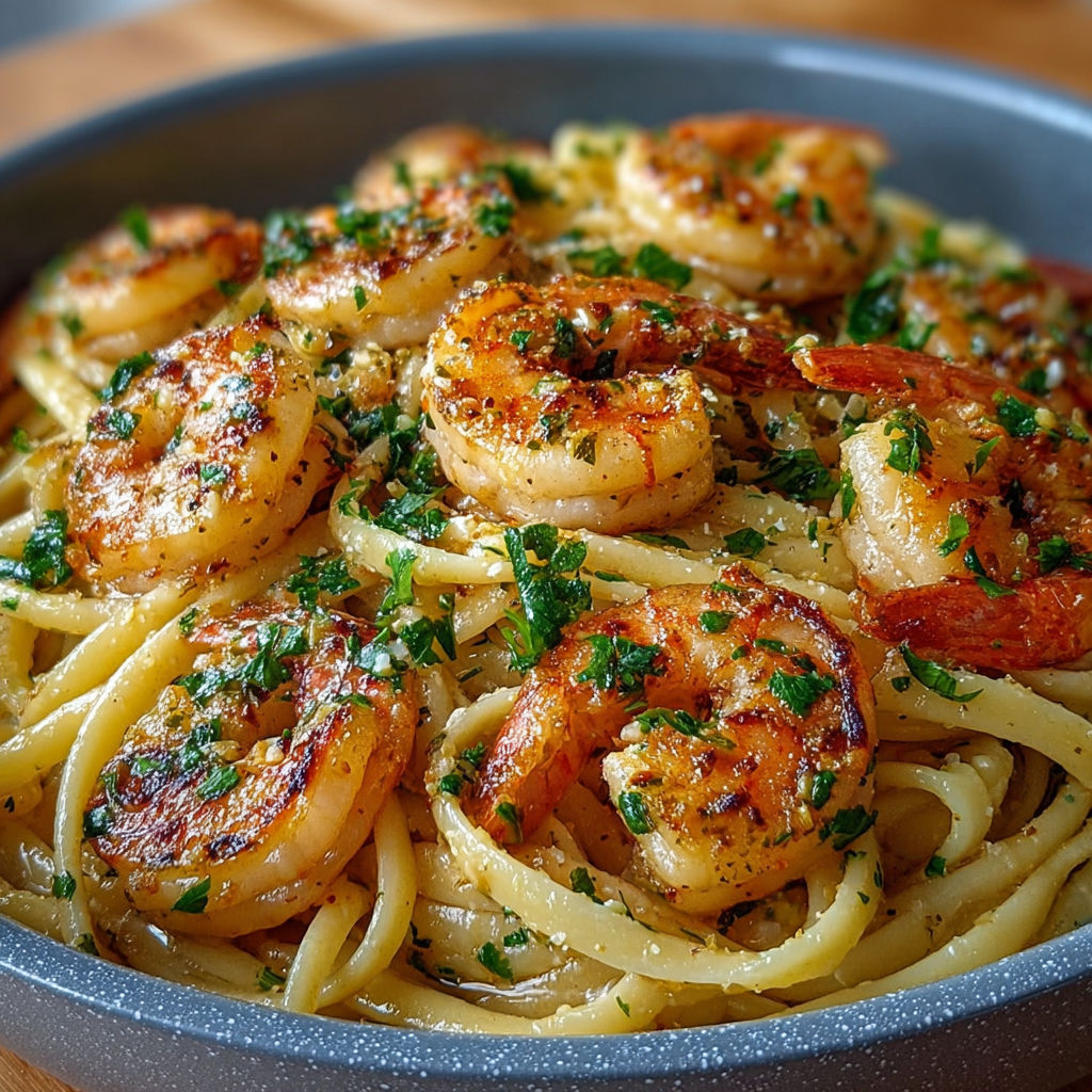 Une plate de linguine crémeuses aux crevettes, servie sur un plateau de bois.