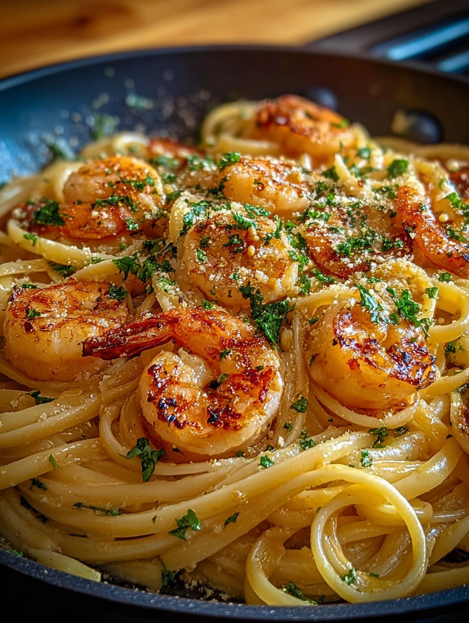 Gros plan sur les linguine aux crevettes nappées de sauce onctueuse.