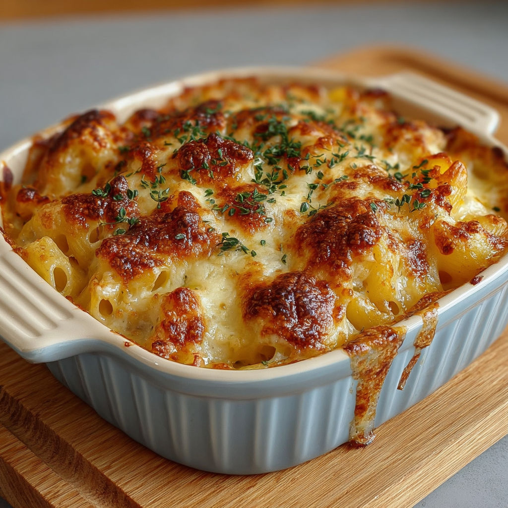 Gratin de pâtes doré et fondant sorti du four.
