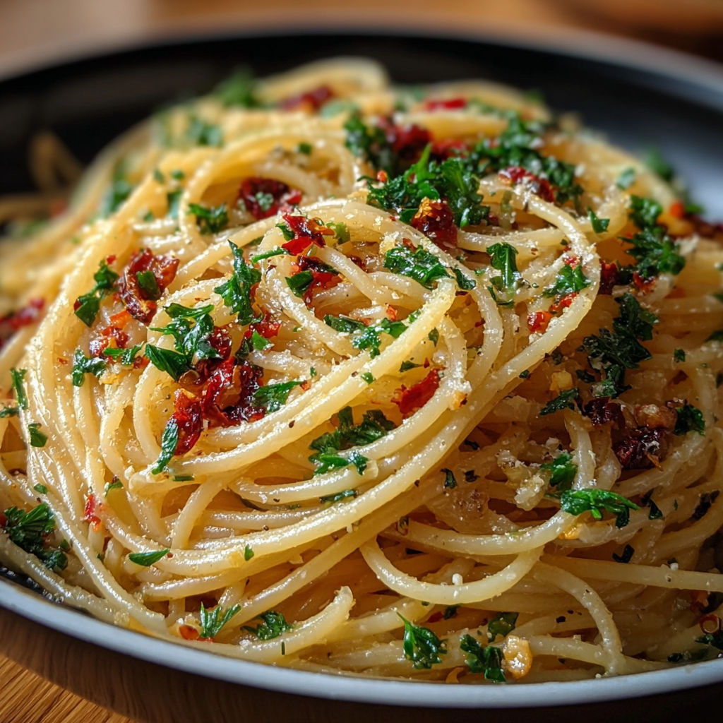 Une plate de spaghetti ailé, pimenté et persillé, prêt à être mangé.
