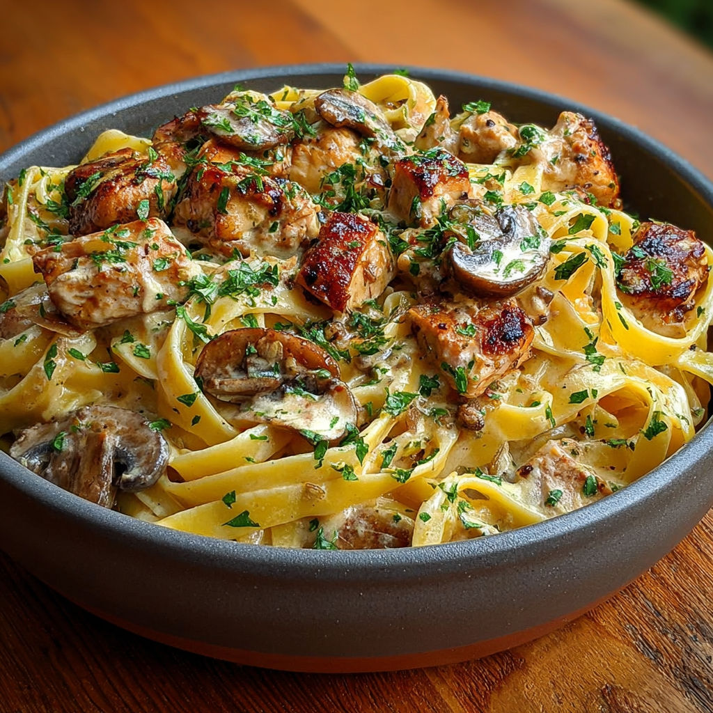 Une assiette de tagliatelles crémeuses avec du poulet et des champignons.