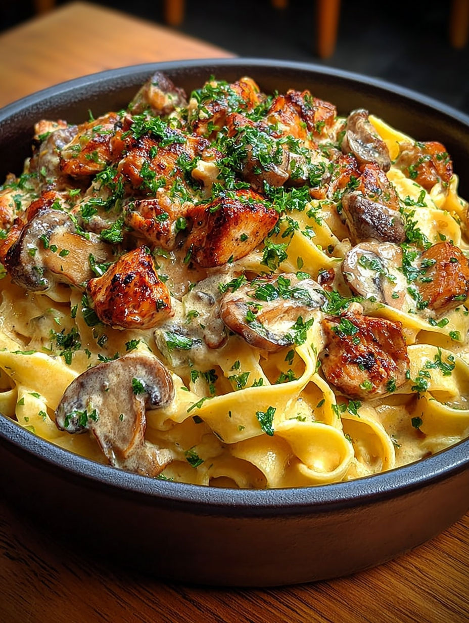 Une assiette de tagliatelles crémeuses avec du poulet et des champignons.