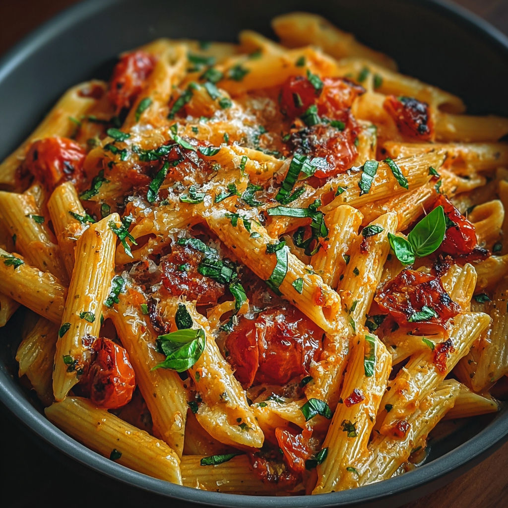 Penne à la sauce tomate crémeuse parsemées de basilic frais.