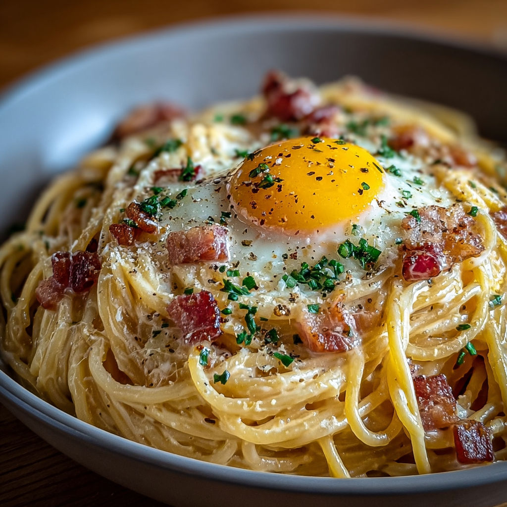 Spaghettis carbonara crémeux surmontés d'un œuf au plat et de lardons croustillants.