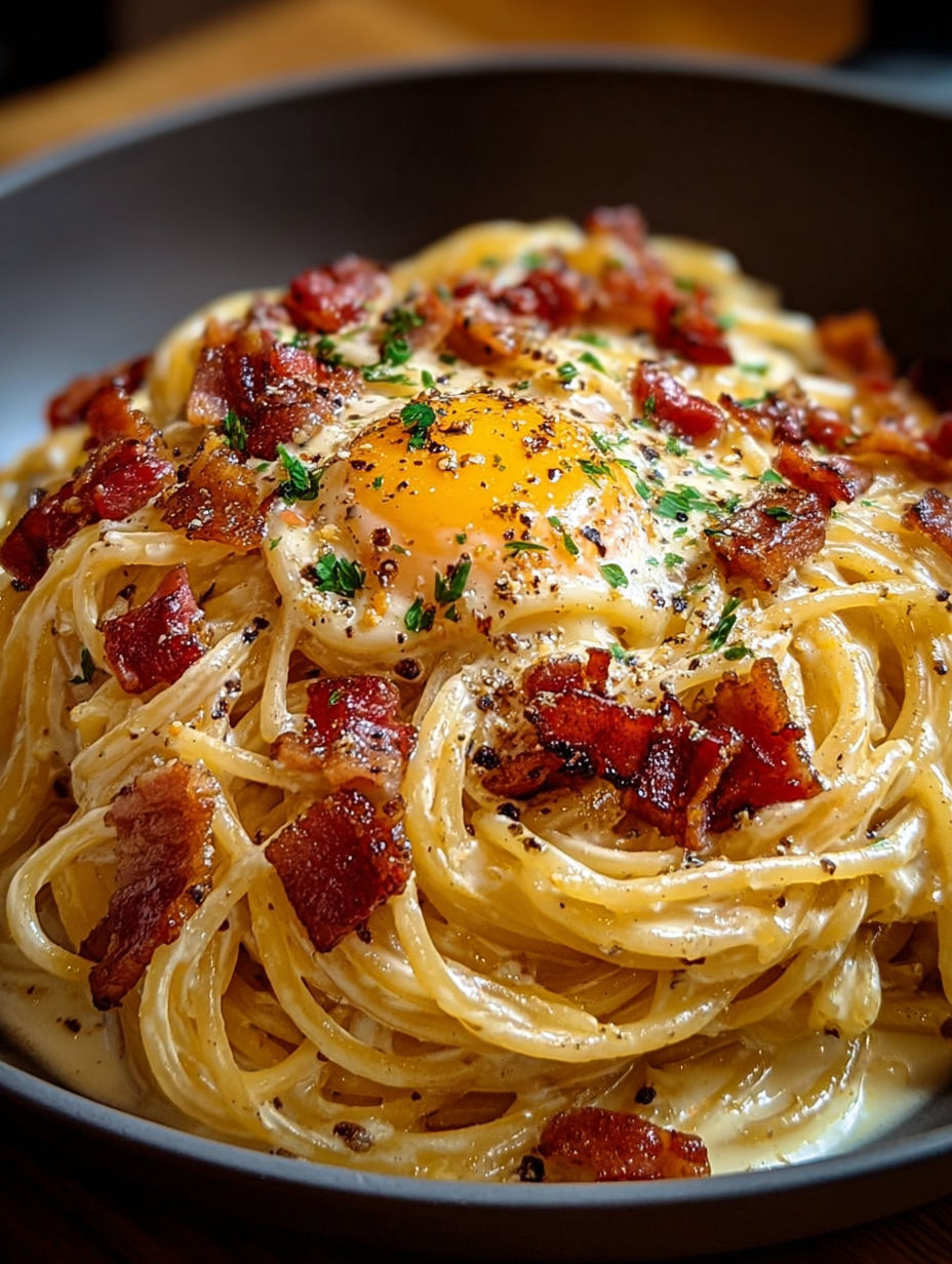 Gros plan sur un jaune d'œuf coulant sur des spaghettis à la carbonara.