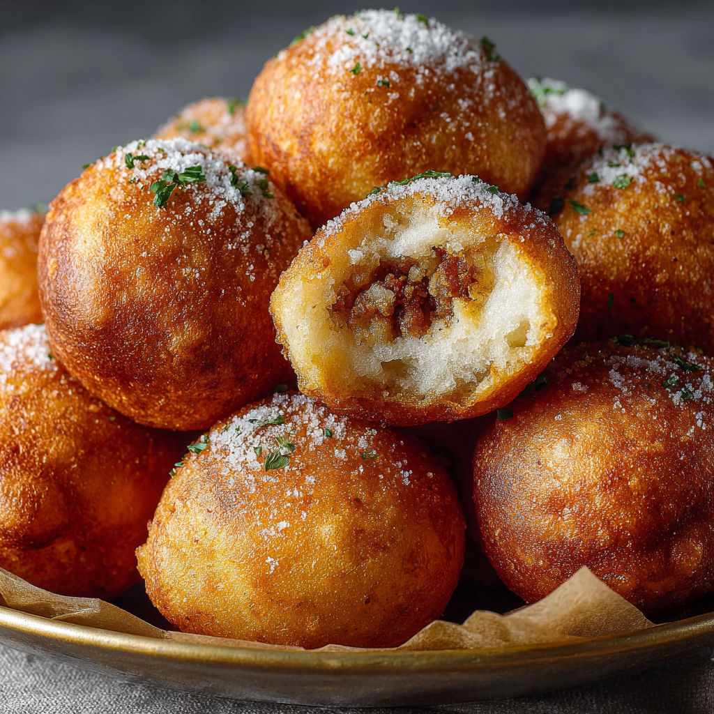 Une pile de beignets salés dorés présentés sur un plateau.