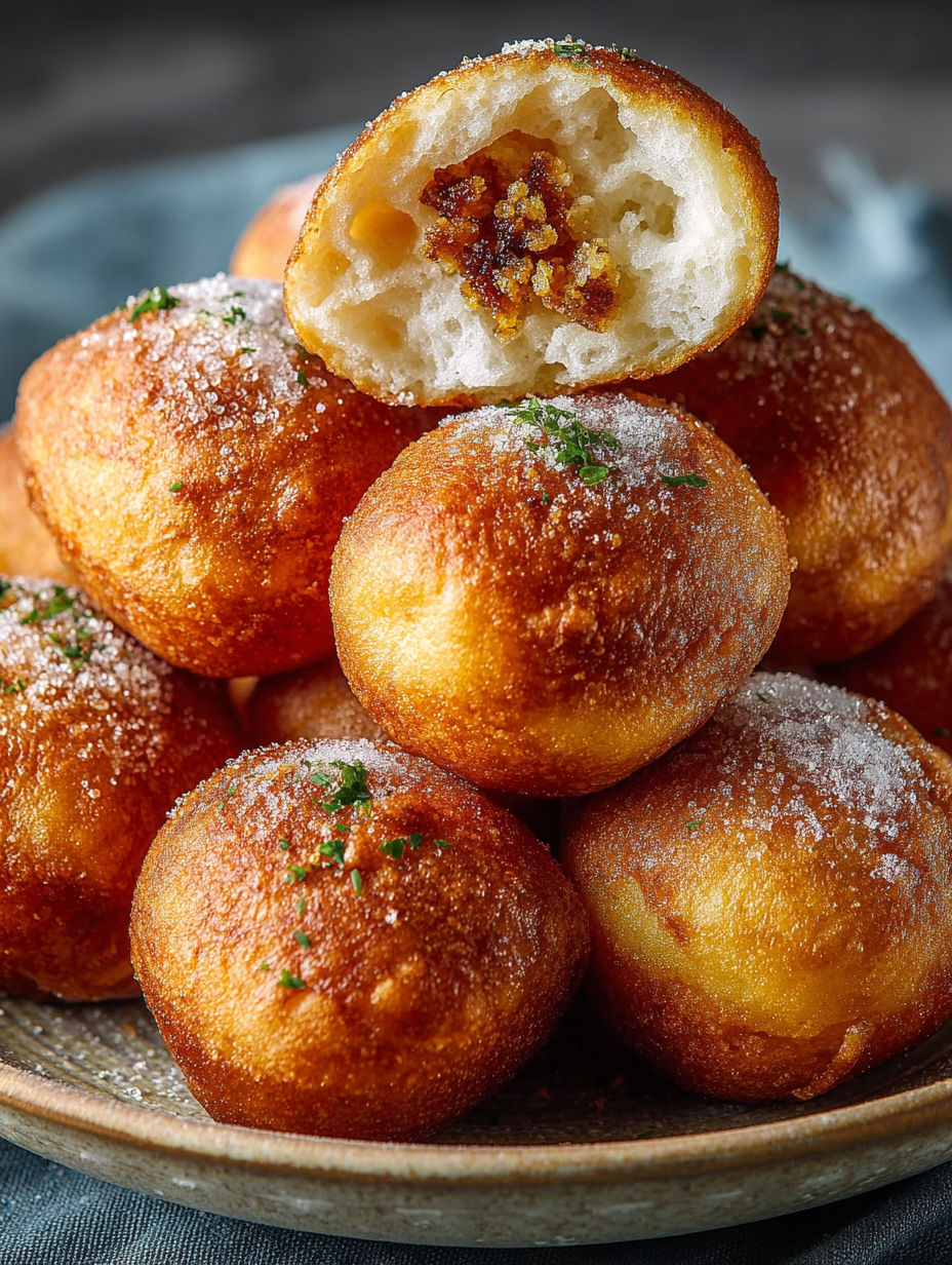 Gros plan sur la texture moelleuse et dorée des beignets farcis.