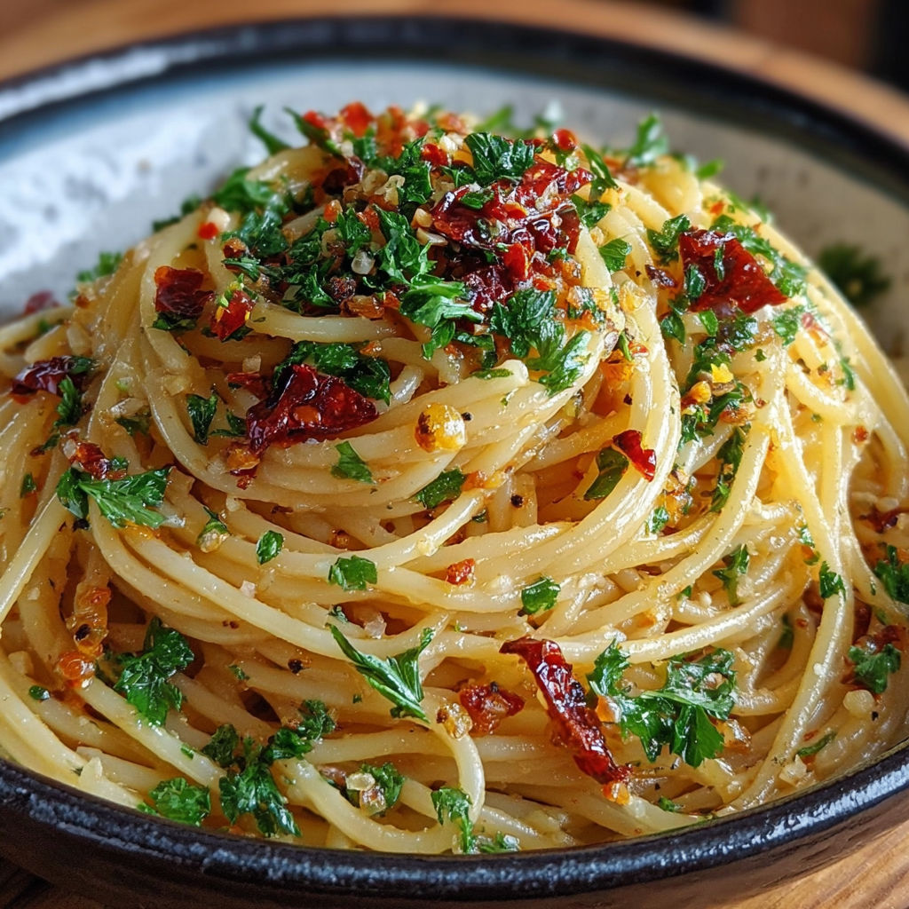 Plat de spaghetti aglio e olio avec persil frais et piment.