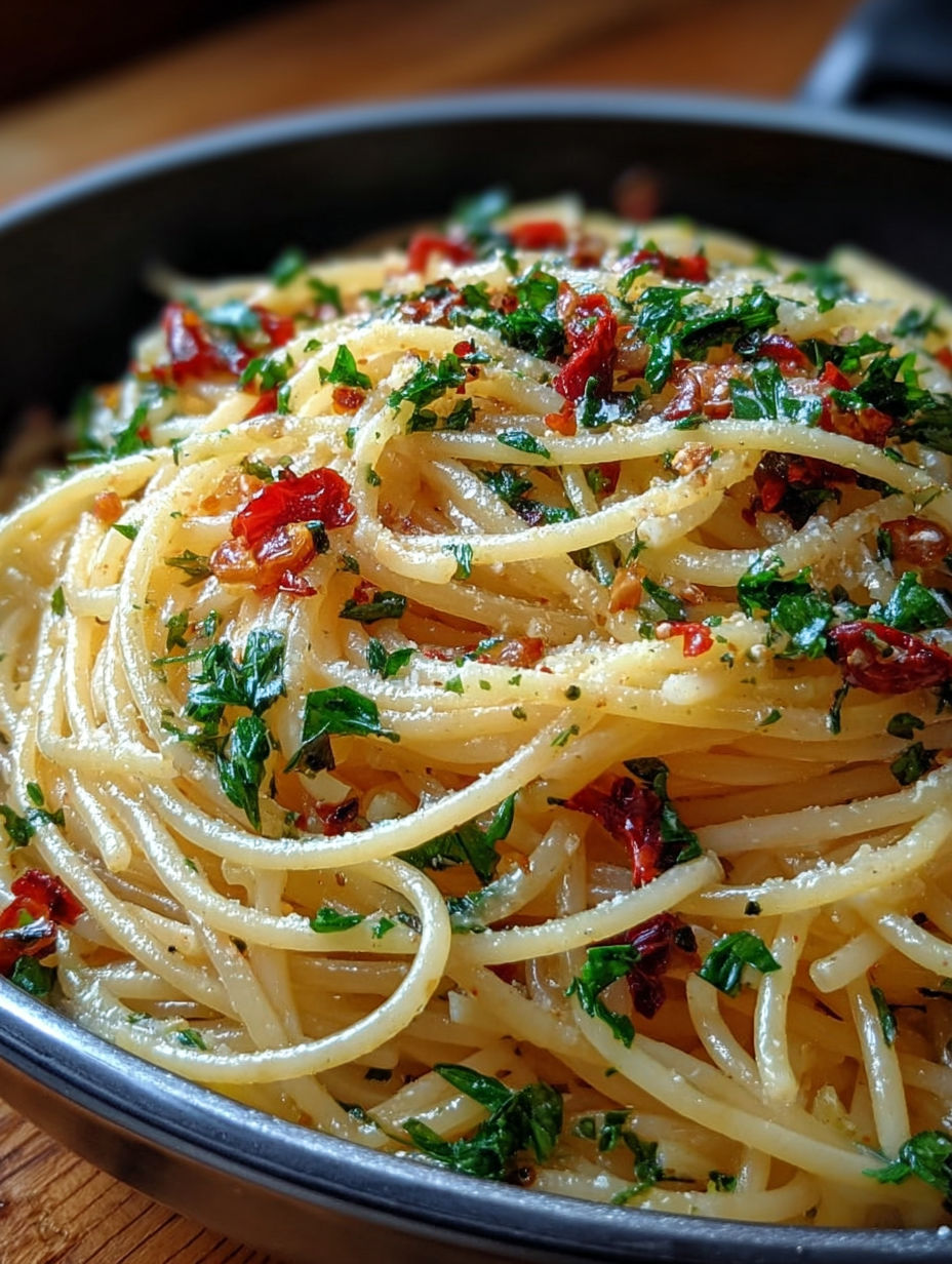 Gros plan sur les spaghetti nappés d'huile infusée à l'ail et flocons de piment.