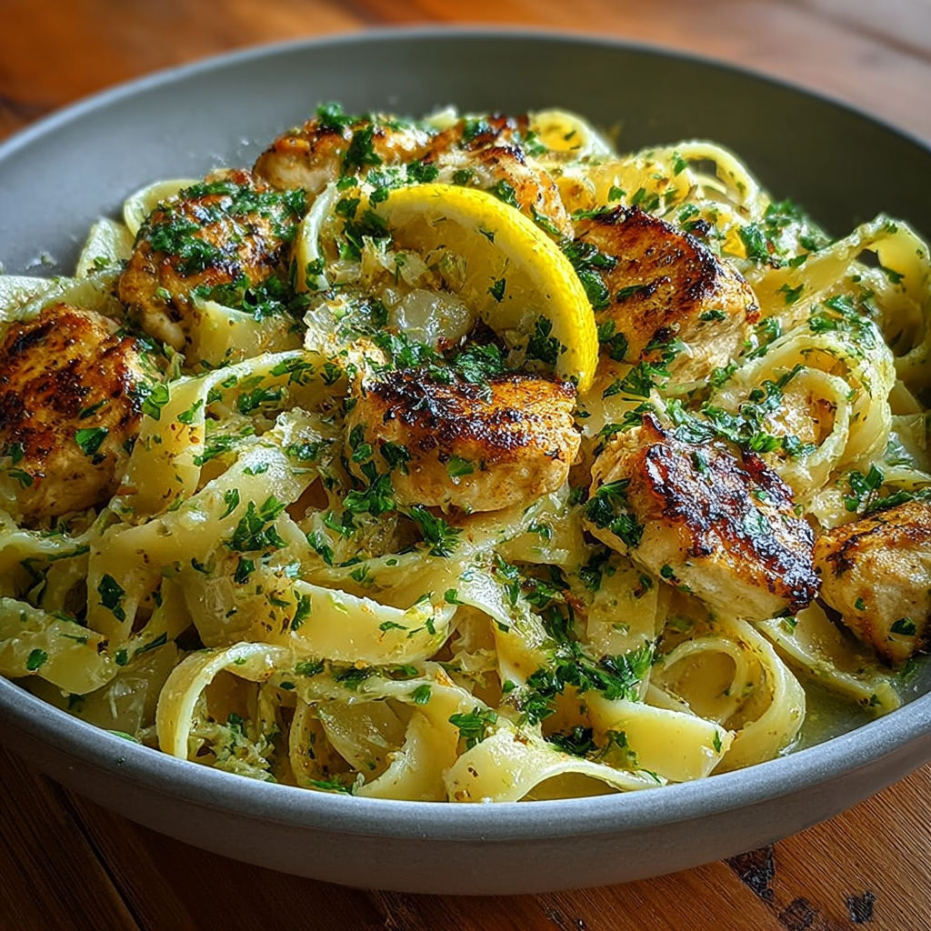 Assiette de tagliatelles crémeuses avec des morceaux de poulet doré, du persil et des tranches de citron vert.