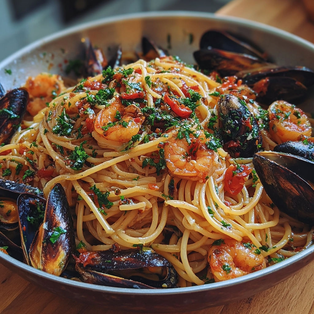Un plat généreux de spaghetti aux fruits de mer avec des moules et une sauce tomate pimentée.