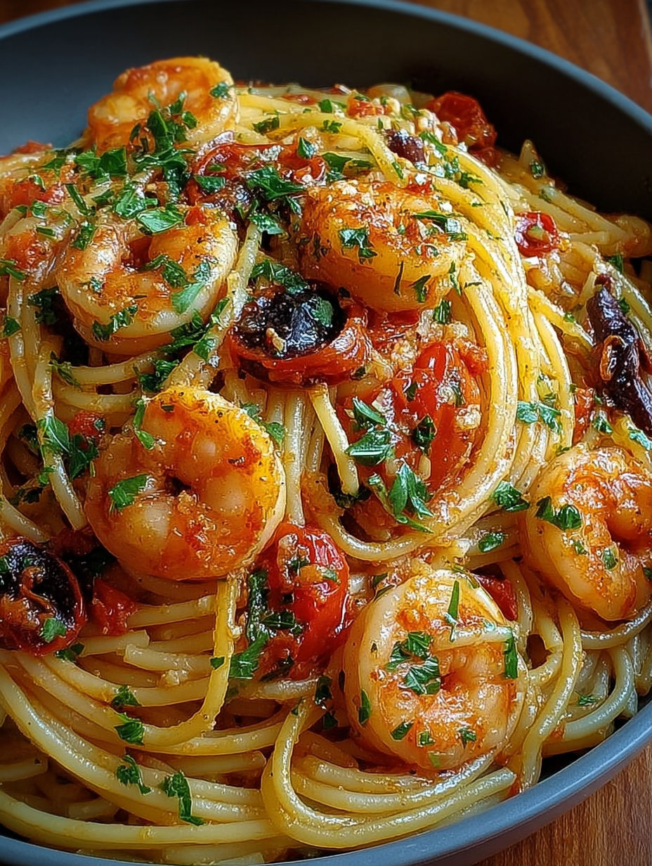 Gros plan sur les spaghetti enrobés de sauce tomate et de crevettes tendres.
