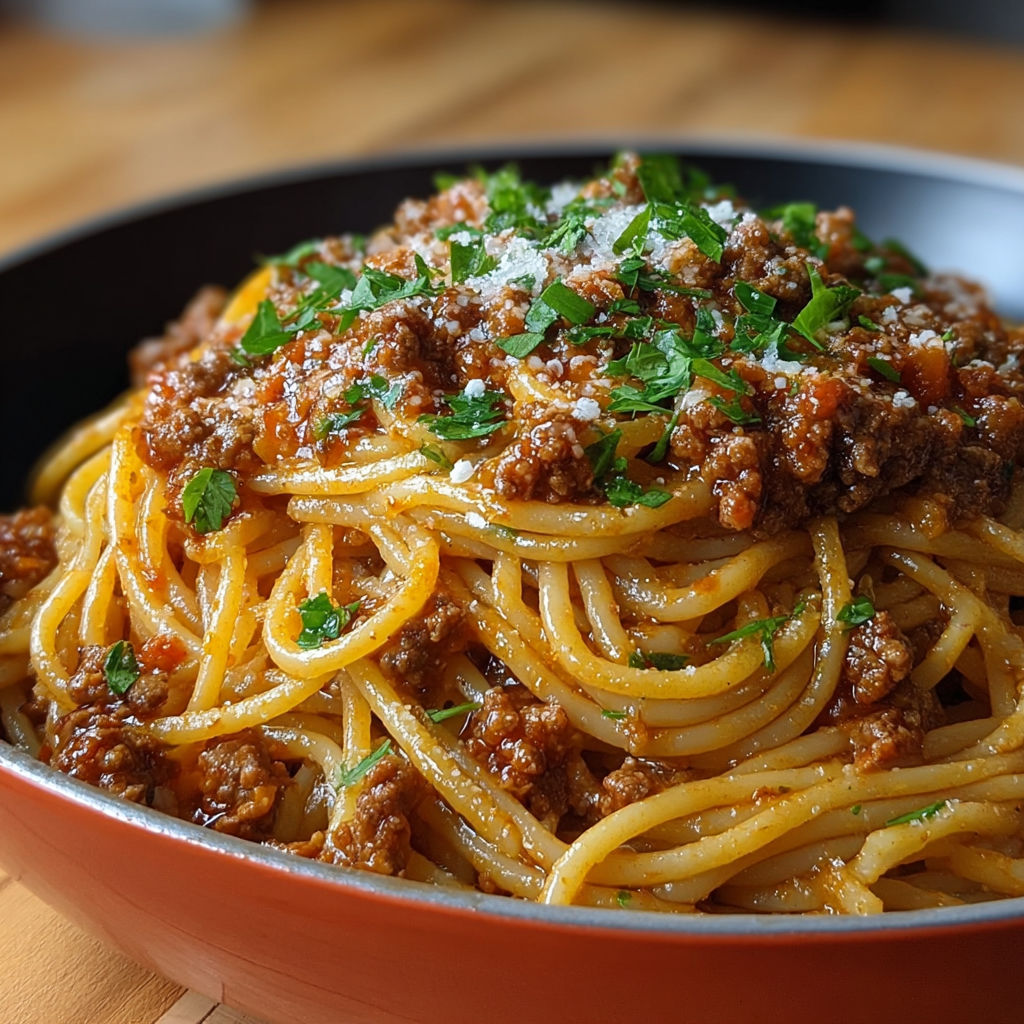Un bol de spaghetti bolognaise crémeuse parsemé de parmesan et de persil.