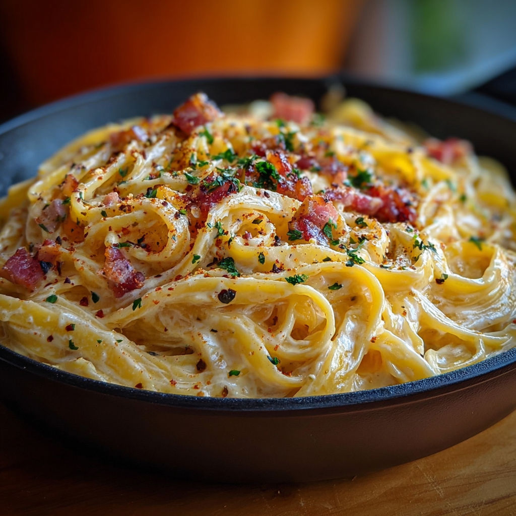 Une casserole de tagliatelles crémeuses citron et lardons, servie dans un bol en métal.