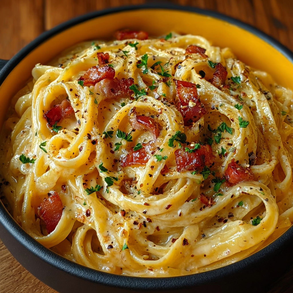 Tagliatelles crémeuses parsemées de lardons croustillants et de persil frais.