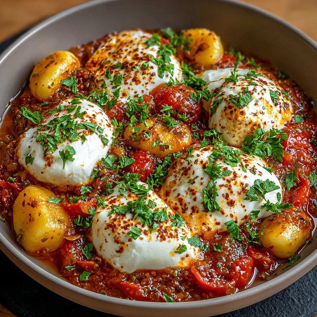 Poêlée de gnocchis à la sauce tomate onctueuse avec de gros morceaux de burrata fondante.