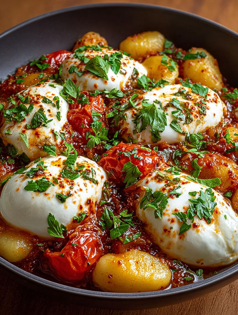 Gros plan sur la burrata crémeuse s'écoulant sur les gnocchis à la tomate.