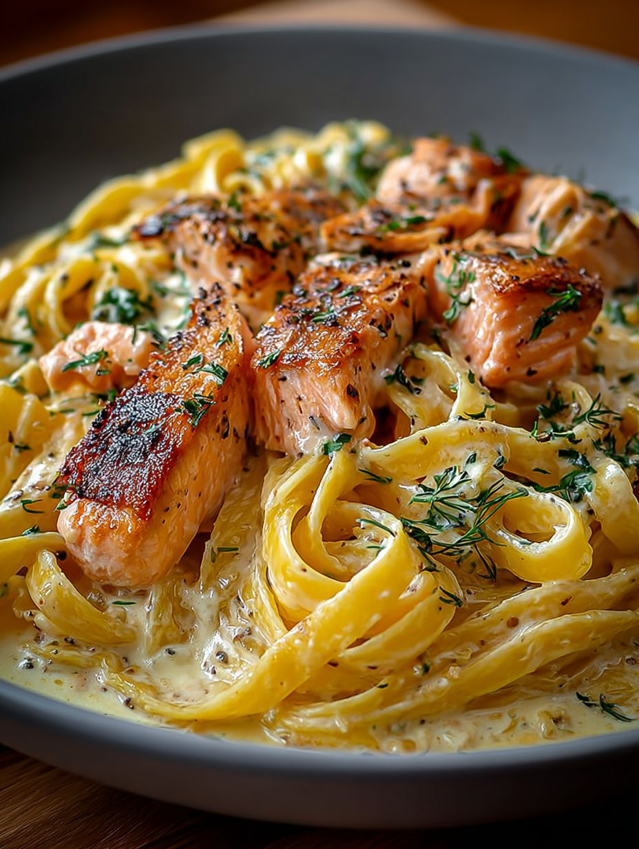 Gros plan sur les tagliatelles nappées de sauce blanche et cubes de saumon grillés.