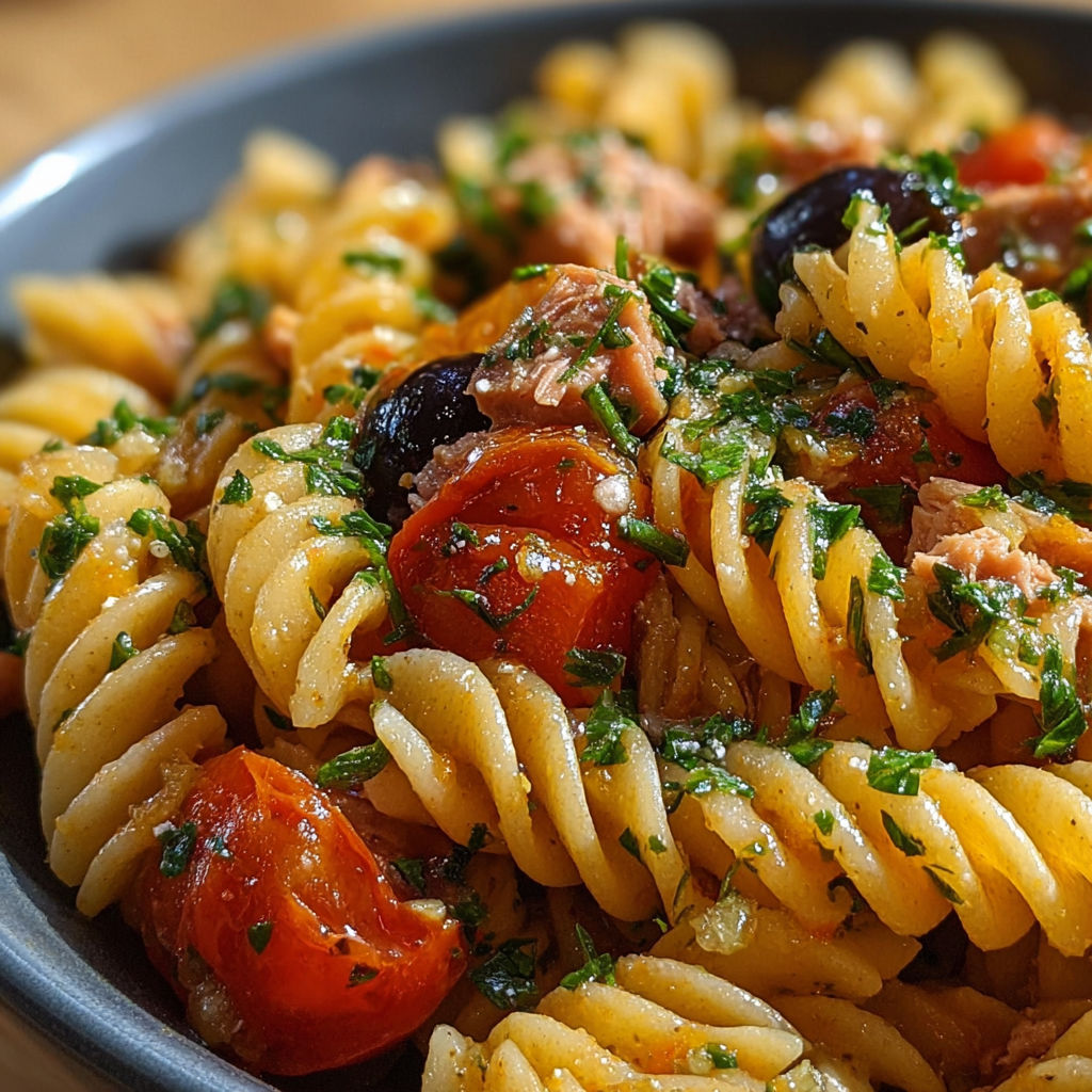 Un bol fumant de fusilli au thon avec des tomates cerises fondantes et des olives noires.