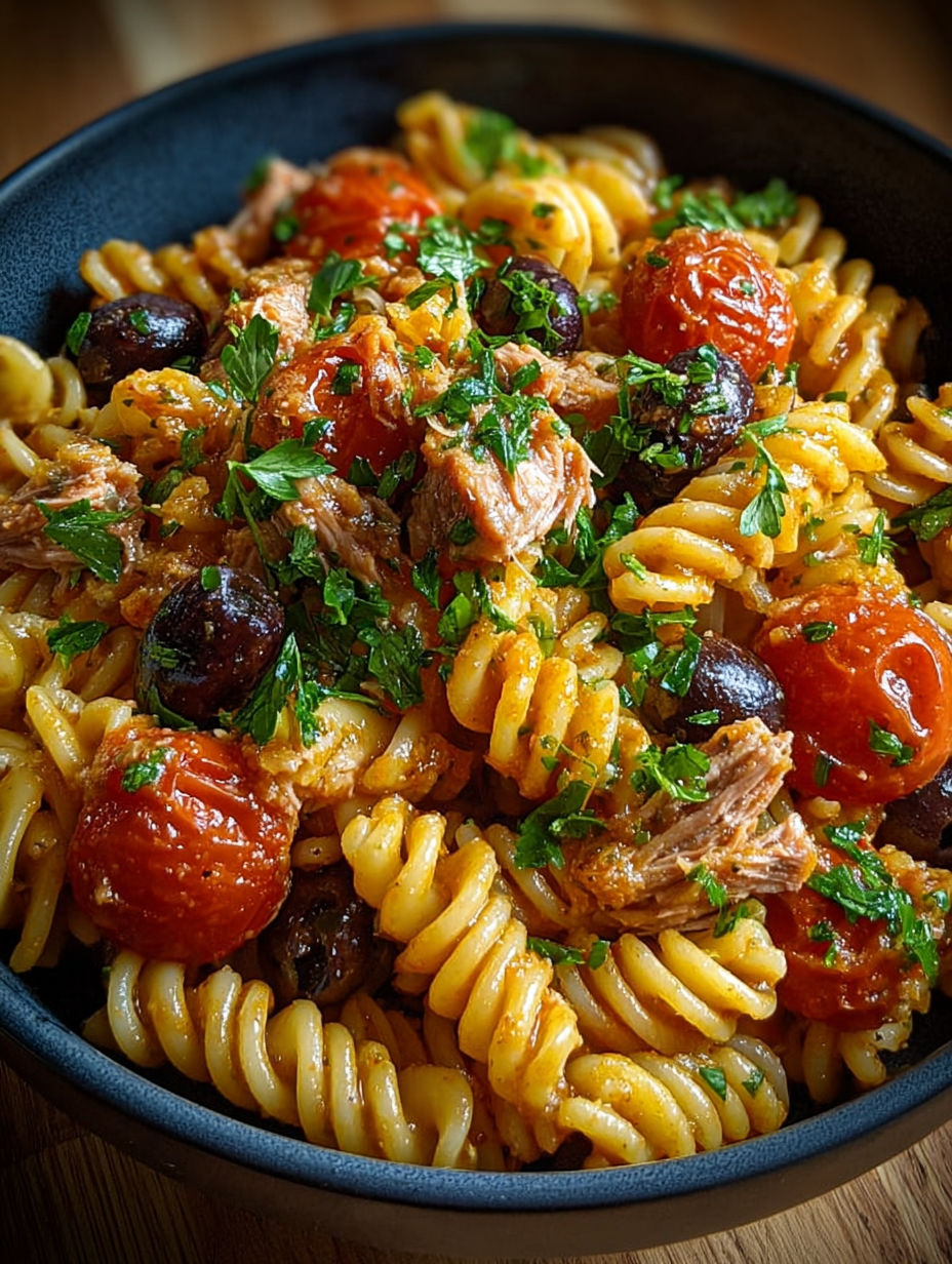 Gros plan sur les fusilli enrobés de sauce tomate, thon et herbes fraîches.