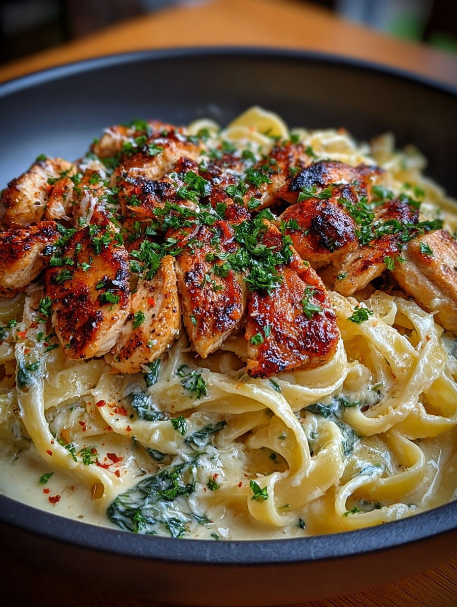 Gros plan sur le poulet grillé doré et la sauce crémeuse nappant les fettuccine.