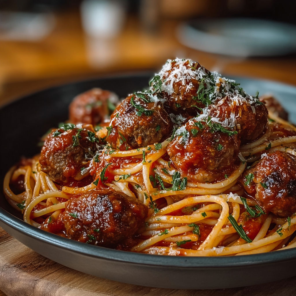 Un plat généreux de spaghetti aux boulettes de viande nappées de sauce tomate et parmesan.