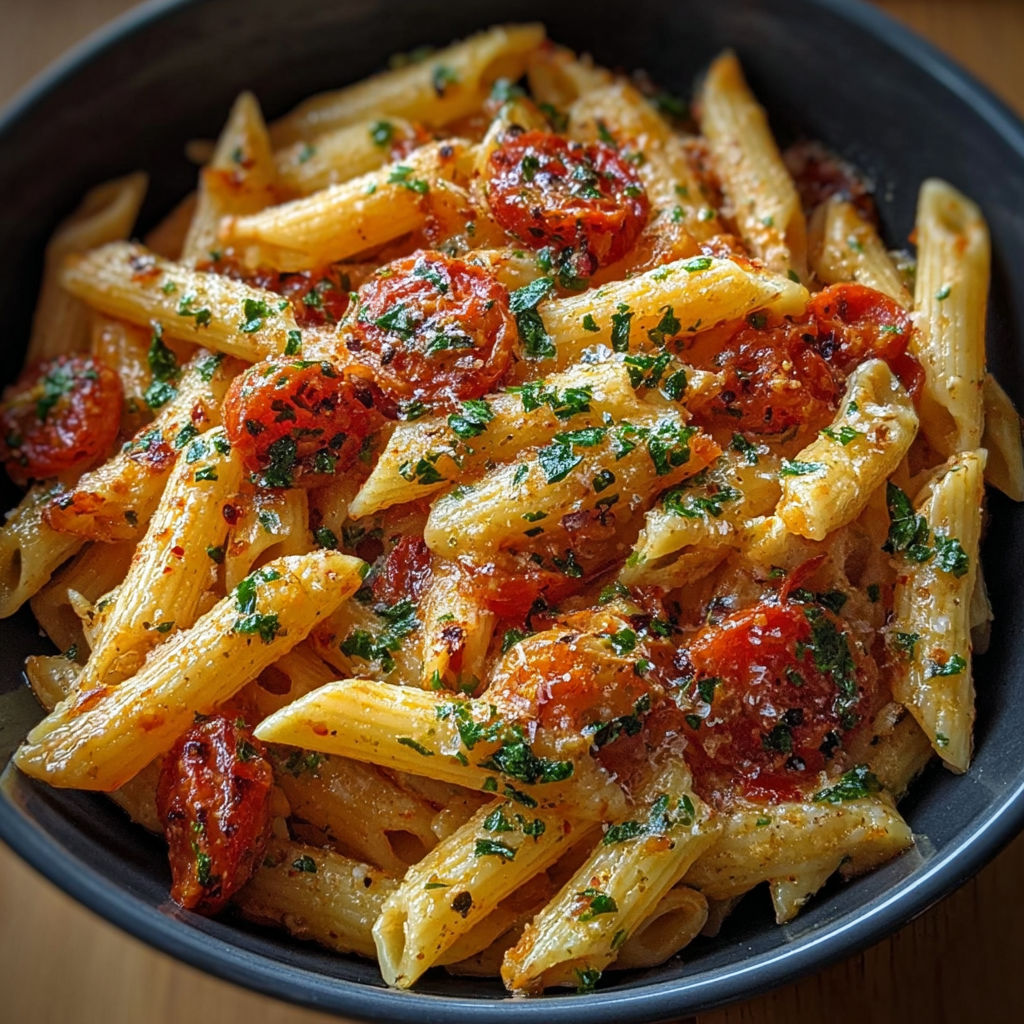 Un plat de penne crémeuses à la tomate et aux herbes fraîches, parsemé de parmesan.