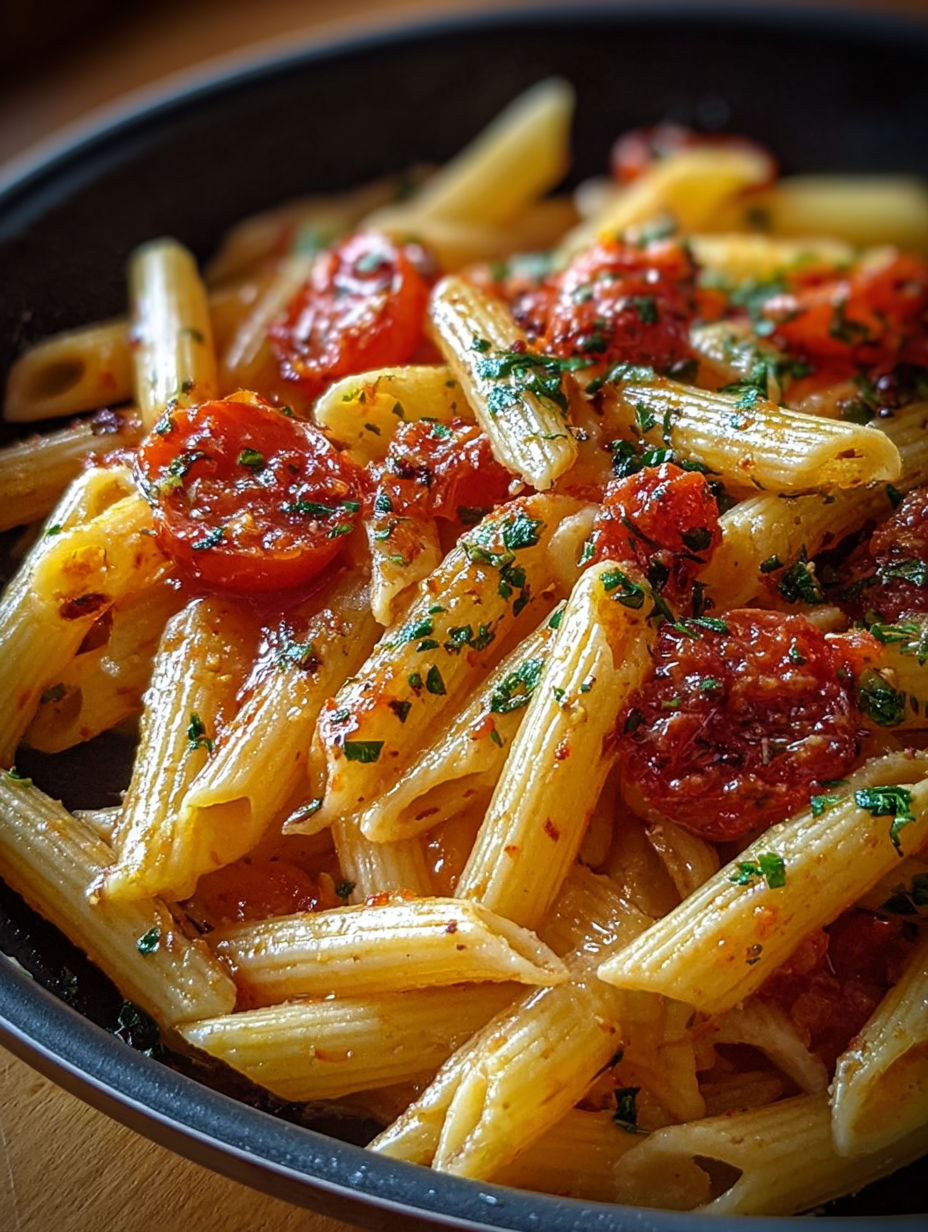 Gros plan sur la sauce tomate crémeuse nappant parfaitement les penne.