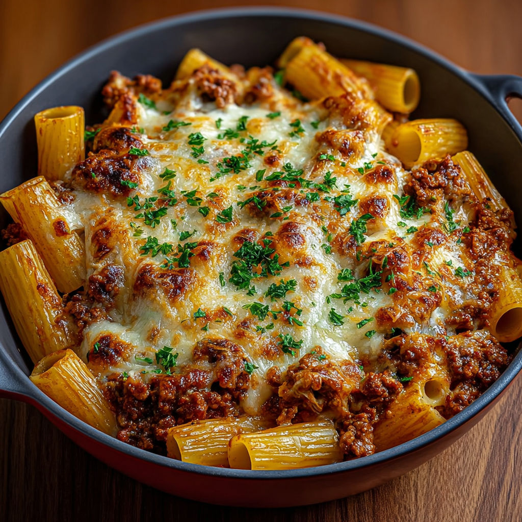 Plat de rigatoni gratinés avec une couche généreuse de mozzarella fondue et persil frais.