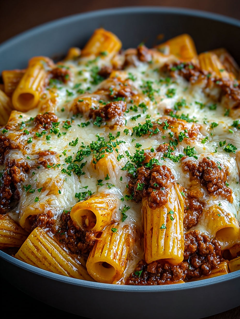 Gros plan sur le fromage fondu et la sauce bolognaise onctueuse sur les rigatoni.