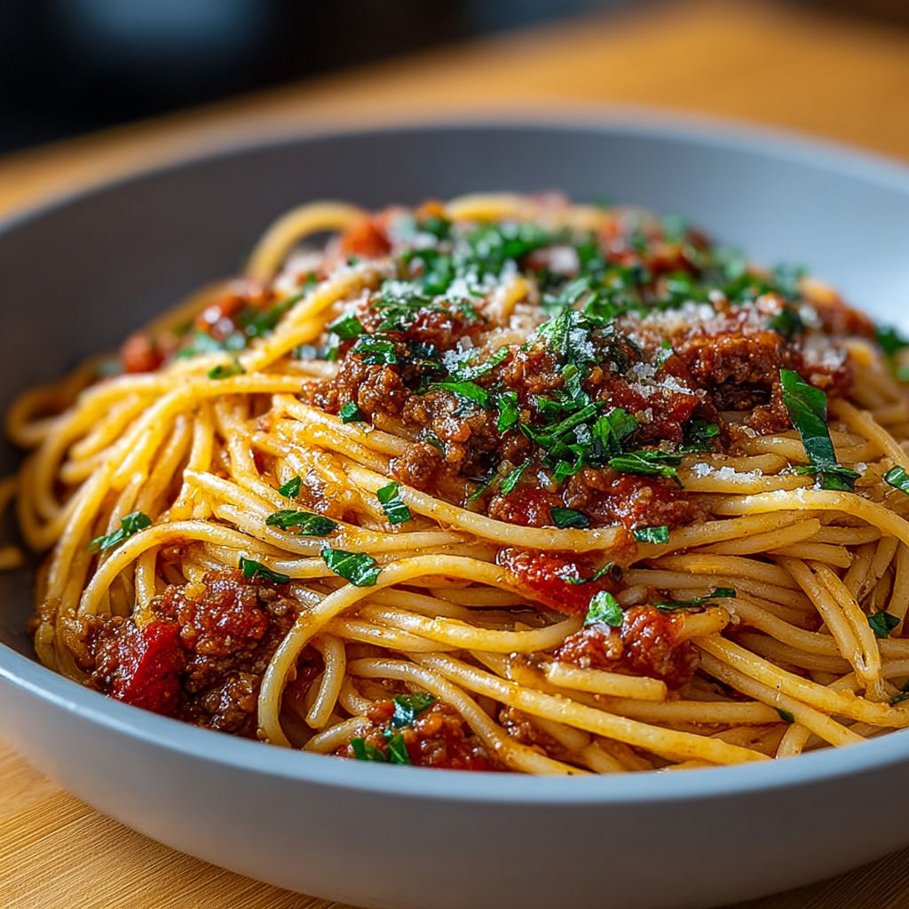 Une tasse de spaghetti bolognaise express, avec des herbes et des tomates, est servie sur une table.