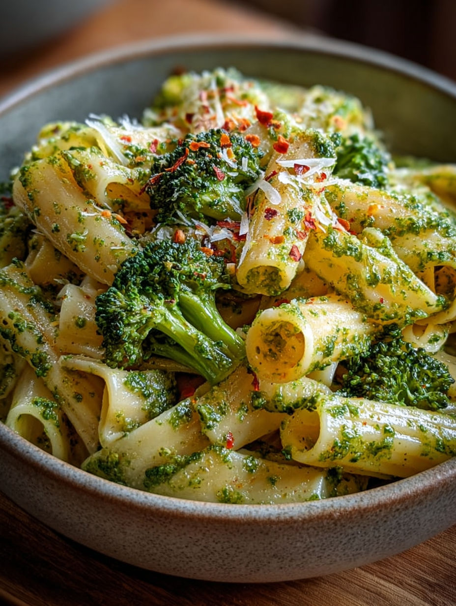 Détail de pâtes larges nappées de sauce verte et parsemées de fromage râpé.