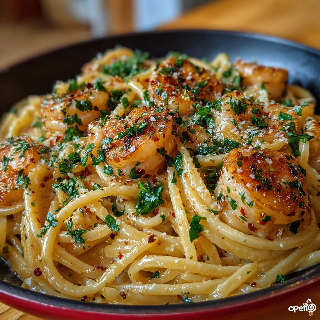 Une assiette de linguine crémeuses aux crevettes épicées, avec des herbes fraîches et des épices pour une saveur délicieuse.