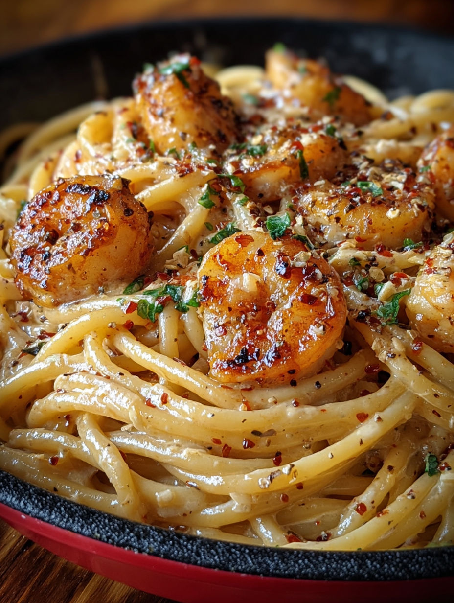 Gros plan sur les pâtes aux crevettes servies dans un bol rustique avec des herbes fraîches.