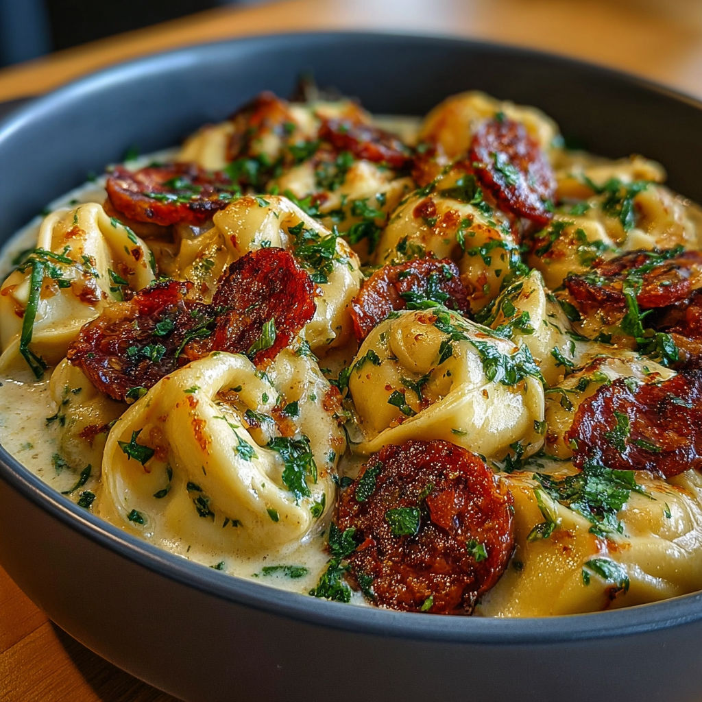 Tortellini frais nappés d'une sauce onctueuse orangée au chorizo et parmesan.