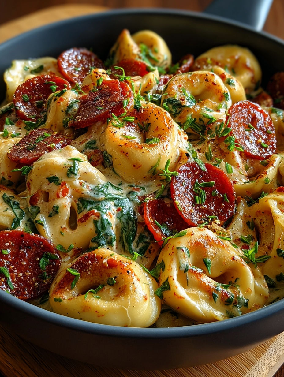 Gros plan sur les tortellini et les morceaux de chorizo grillé dans une crème veloutée.
