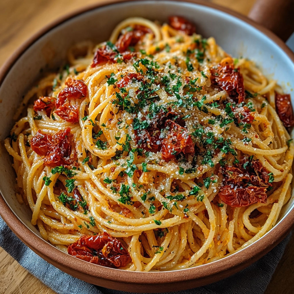 Une assiette de spaghetti crémeux parsemée de copeaux de parmesan et de tomates séchées.