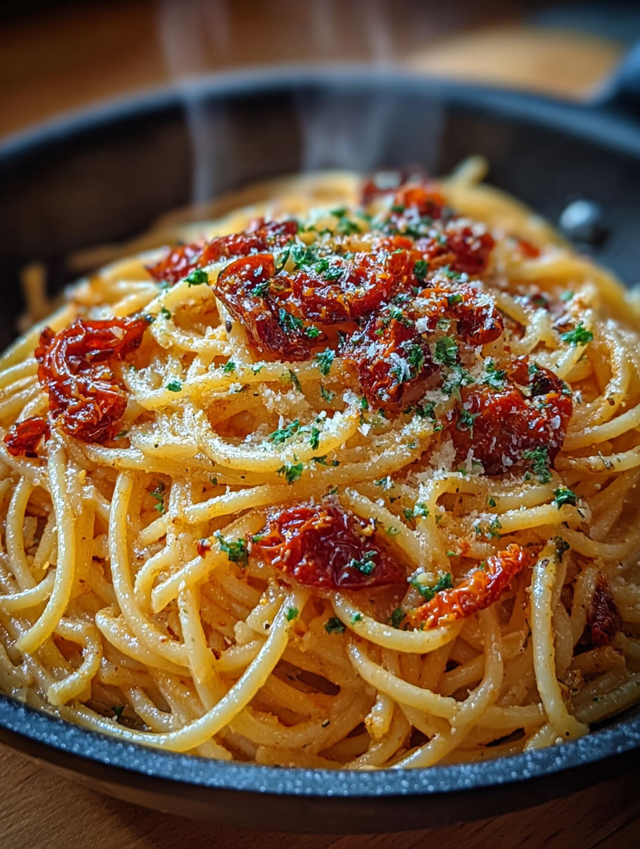 Gros plan sur la sauce onctueuse enrobant les spaghetti avec des éclats de tomates séchées.