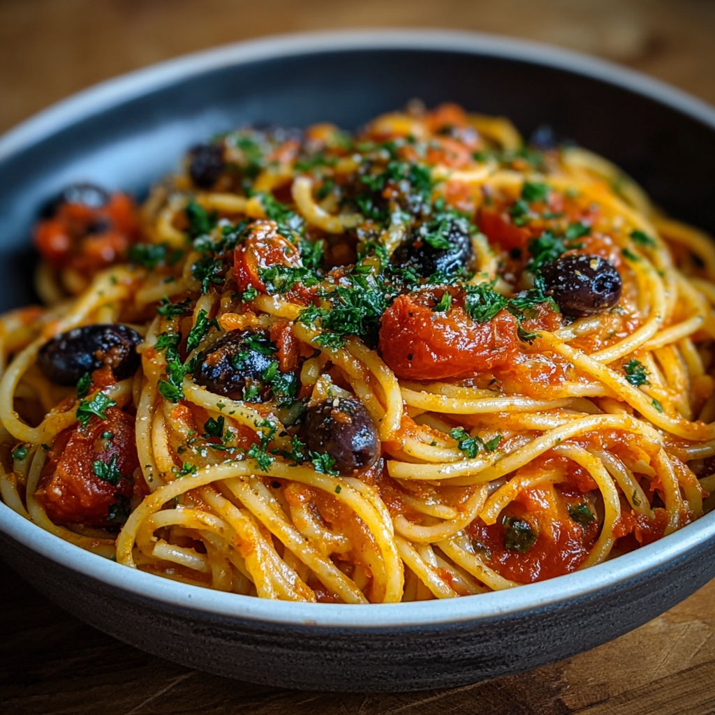 Un plateau de spaghetti sauce tomate et olives.