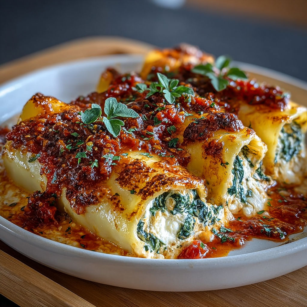 Une plaque de porcelaine avec des cannellonis ricotta-épinards gratinés.