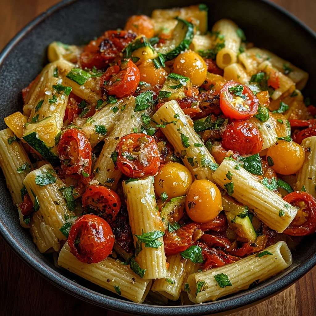 Unique rigatoni pesto tomate et courgette dish.