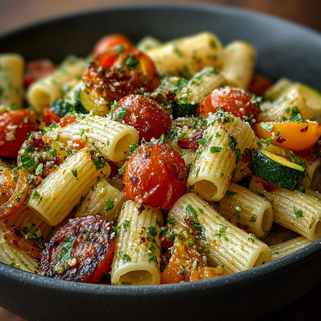 Assiette de rigatoni colorés avec tomates cerises, dés de courgettes et un pesto vert éclatant.