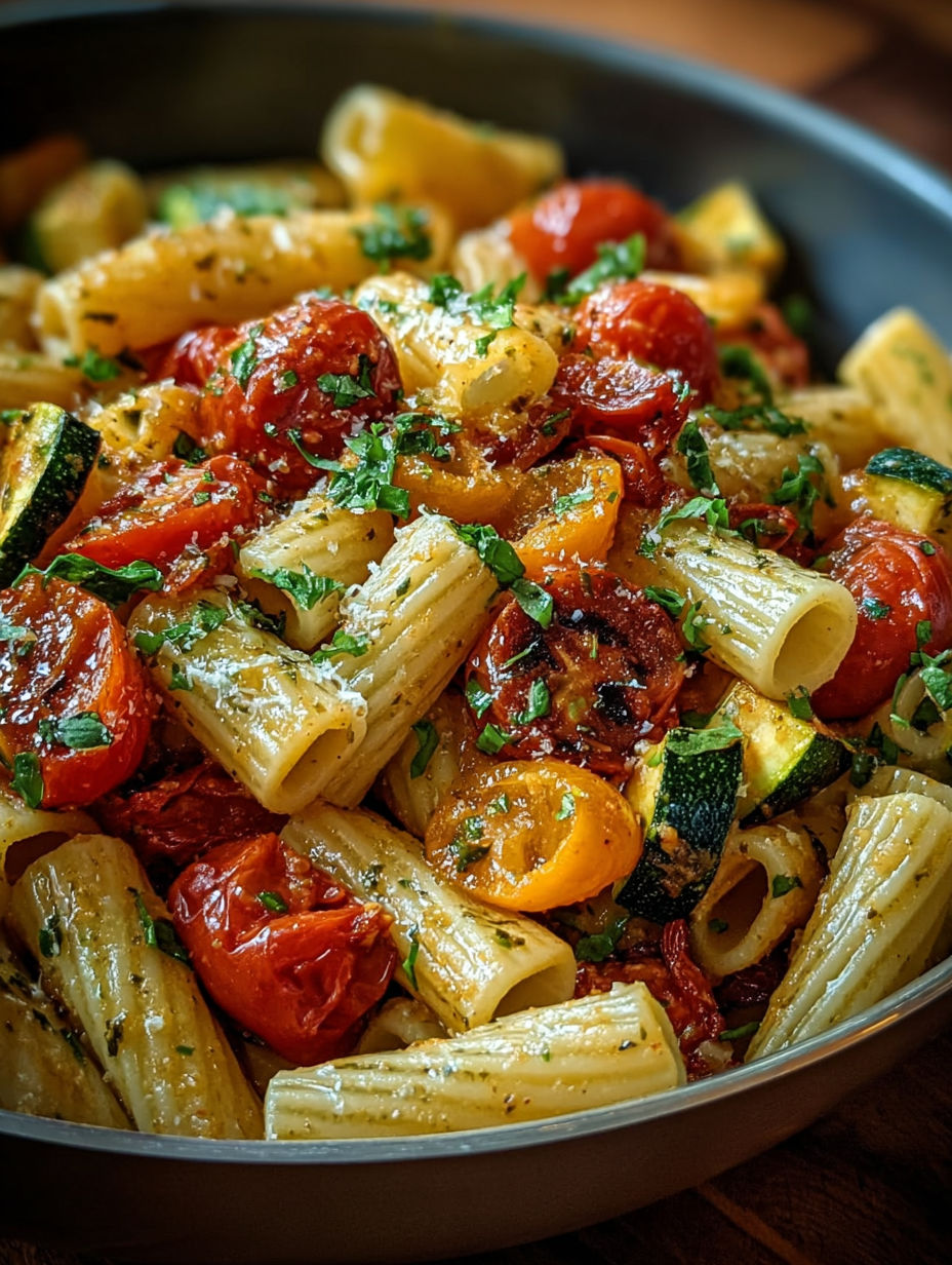 Gros plan sur les rigatoni nappés de pesto et les légumes d'été colorés.
