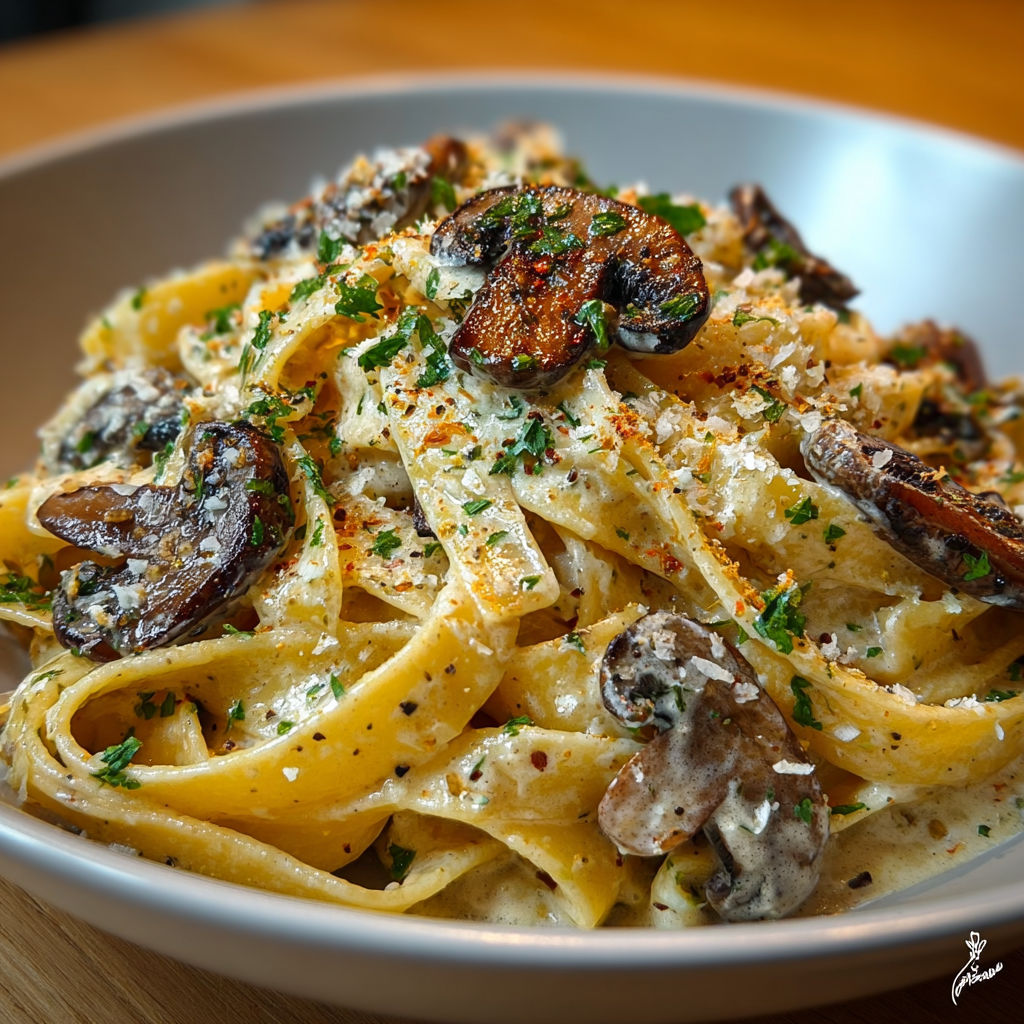 Tagliatelles crémeuses nappées d'une sauce aux champignons bruns et parmesan.