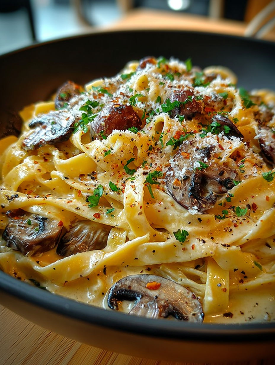 Gros plan sur les tagliatelles enrobées de crème et éclats de champignons dorés.