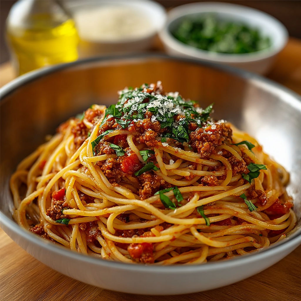 Assiette généreuse de spaghetti bolognaise avec basilic frais et parmesan.