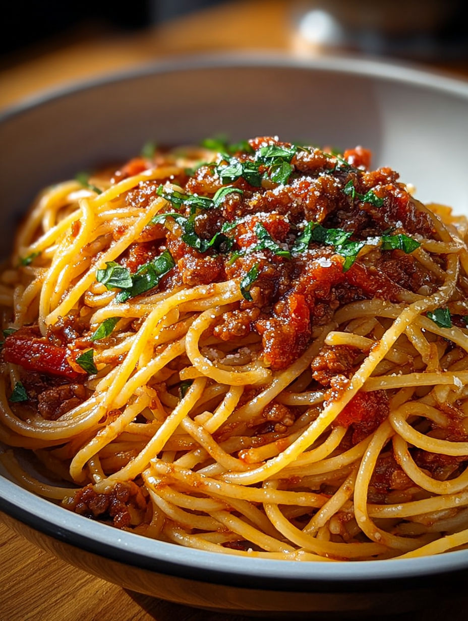 Détail de la sauce bolognaise onctueuse enrobant les spaghetti.